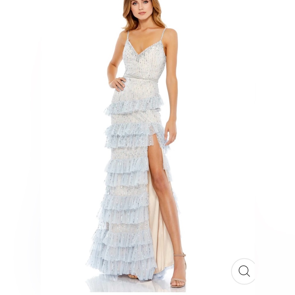Mac Duggal EMBELLISHED RUFFLE TIERED SLEEVELESS GOWN